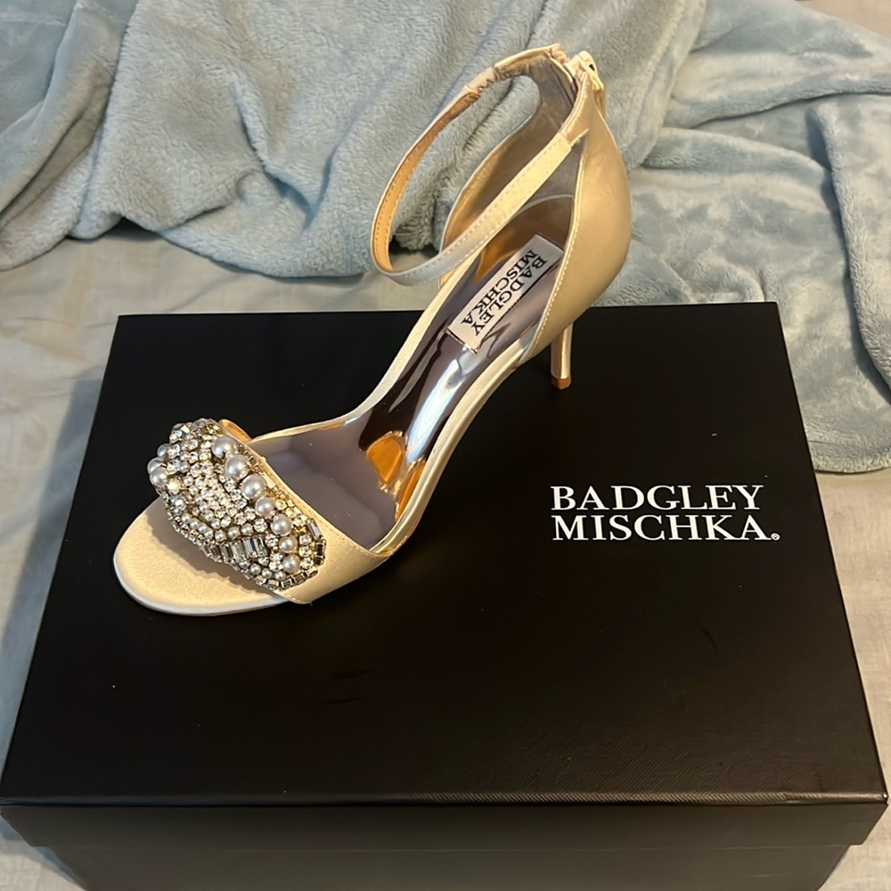 Ivory satin low open toed low heel with pearl and jeweled design on top
